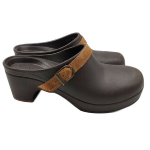 CROCS Women's Sarah Belted Clogs Brown Tan Suede Leather Strap Style 203631 Sz 8 - Picture 1 of 10